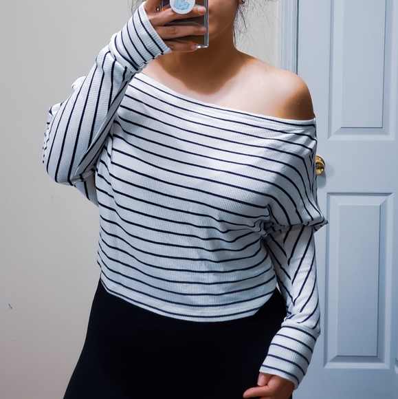 White & Navy Striped Off Shoulder Top Medium - Picture 2 of 4